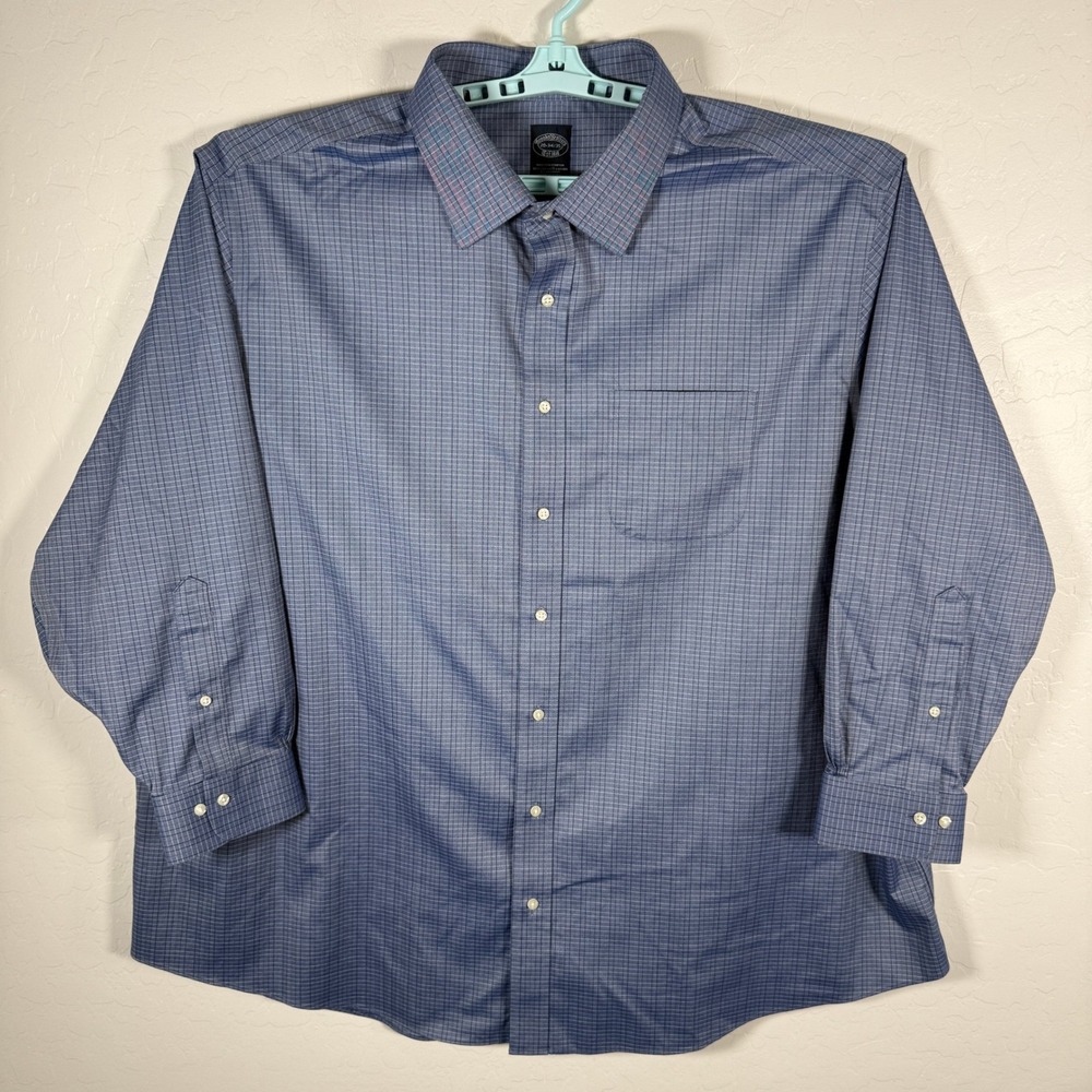 Brooks Brothers Dress Shirt Mens 20-34/35 Blue Check Non-Iron Stretch Supima